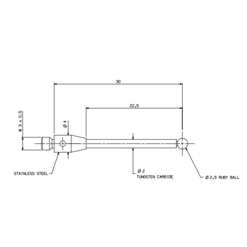 CMM Touch Probe M3 Thread 2.5mm Ruby Ball Tungsten Carbide Rod L30mm A-5003-0055