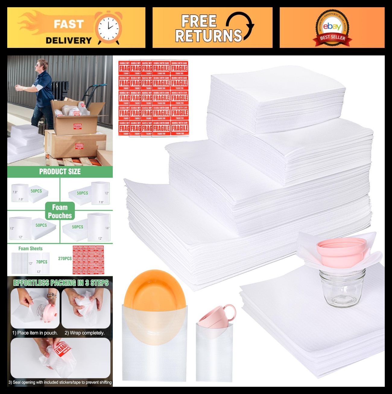 540 Pcs Dish Packing Supplies - Cushion Foam Wrap Pouches & Sheets + Fragile Sti