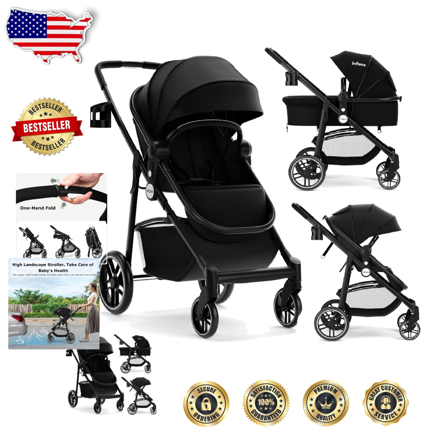Black Infant Stroller Reversible Bassinet Pram 50lb Max Foldable Canopy Storage