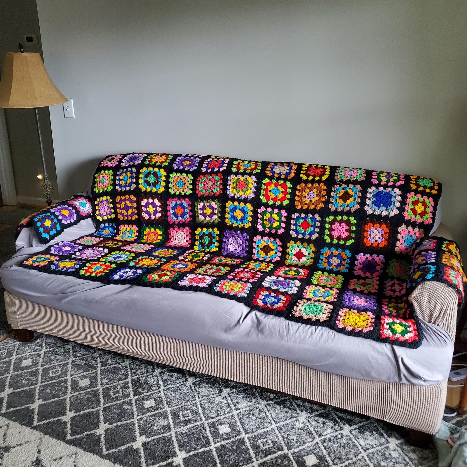 Handmade Crochet Afghan Throw Blanket Granny Squares Colorful 52x72 2 Panels