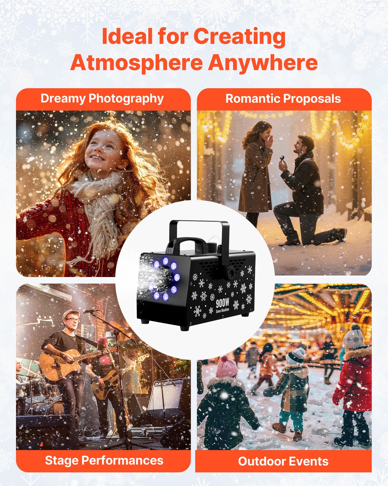 VEVOR Snow Machine 900W Handheld Hanging LED Snow Maker Wireless Remote Control