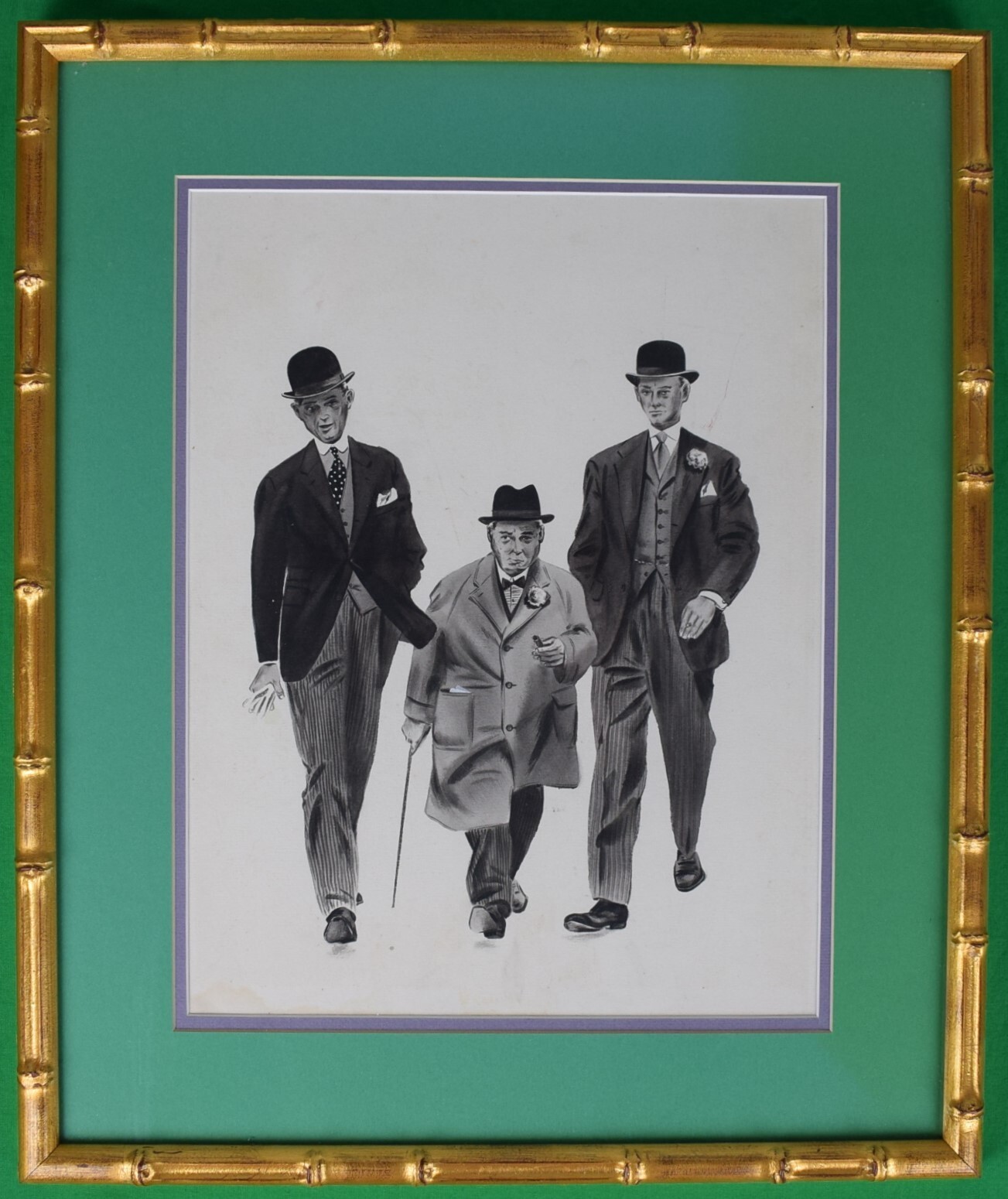 Three Gents Strolling Pen & Ink Drawing