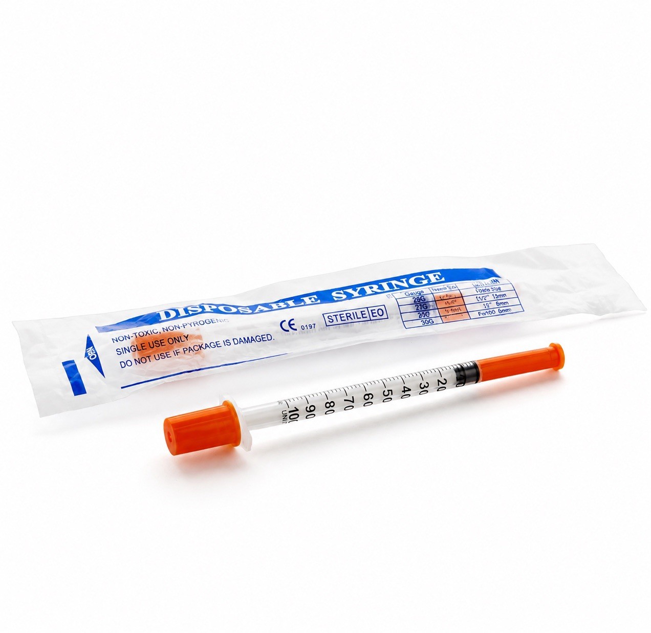 Syringes 100-Pack, Individually wrapped, sterile and disposable.
