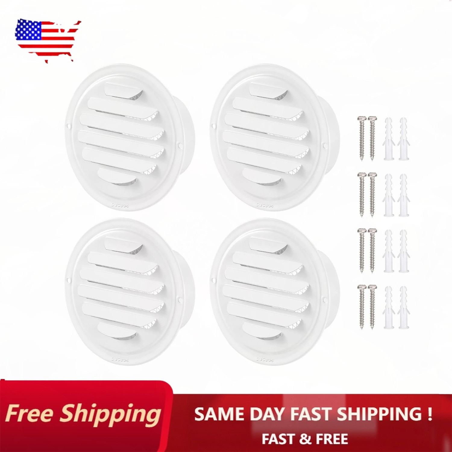 4 Inch round Air Vent Cover, Stainless Steel White Soffit Vent Cover Louvered G