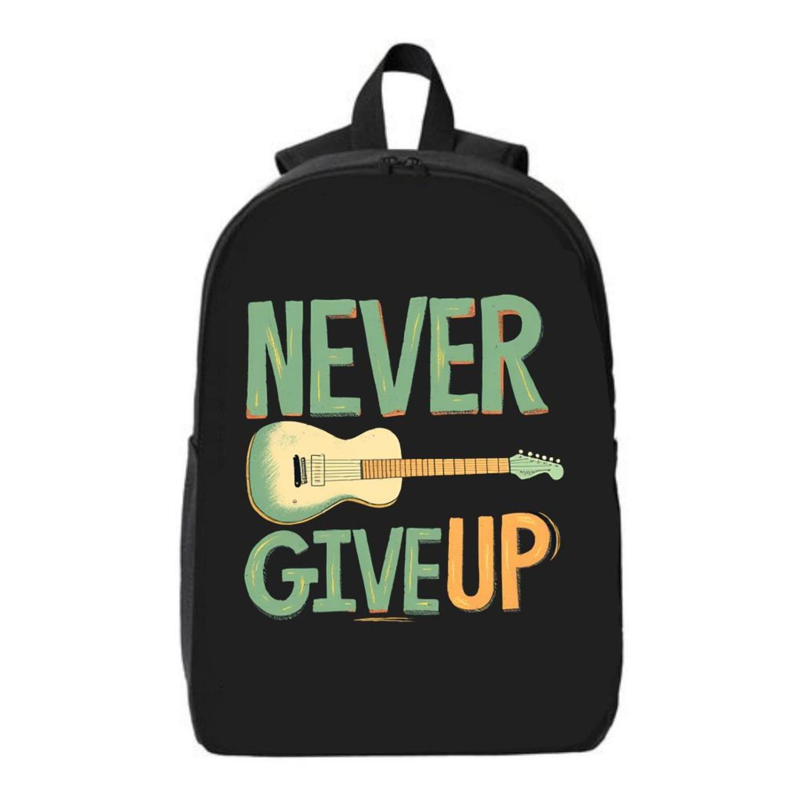 Stylish Black Backpack with Guitar Design NEVER GIVE UP ' Text - Durable School