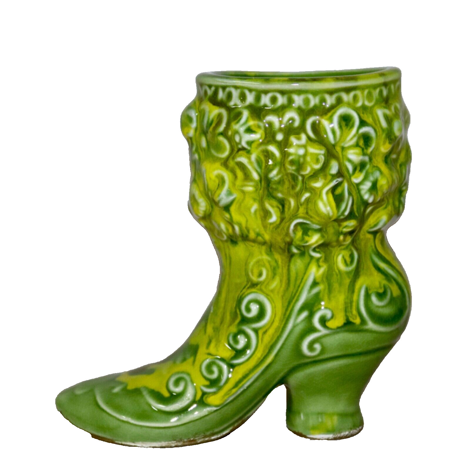 Green & Yellow Glazed Victorian Boot 5.5” Ceramic Planter ~ Vase