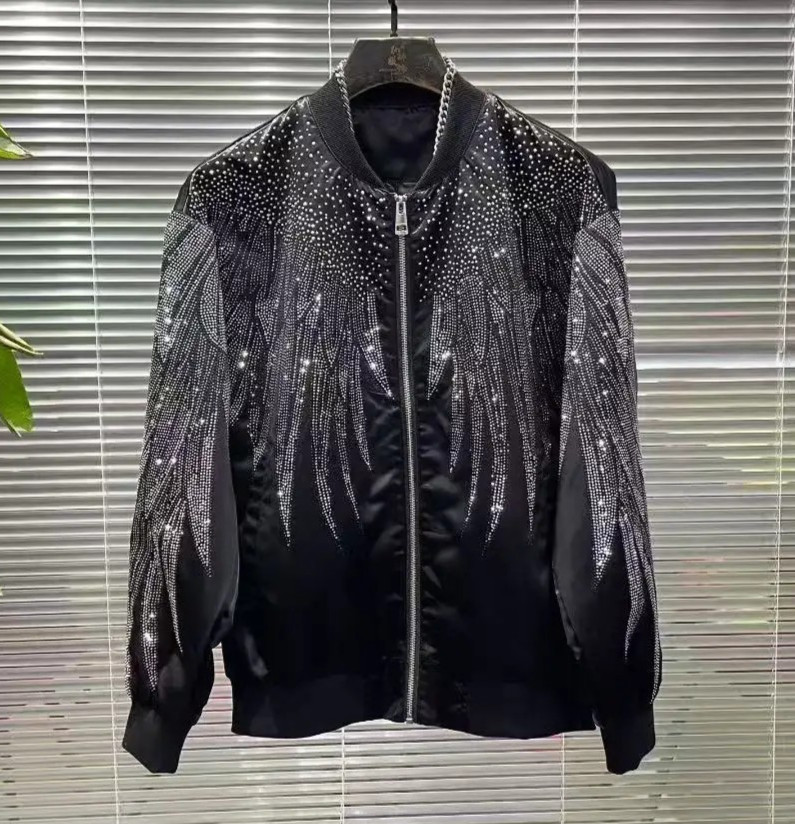 New Men Luxury Diamond Wings Rhinestones Fashion Black Jacket Coat High Quality