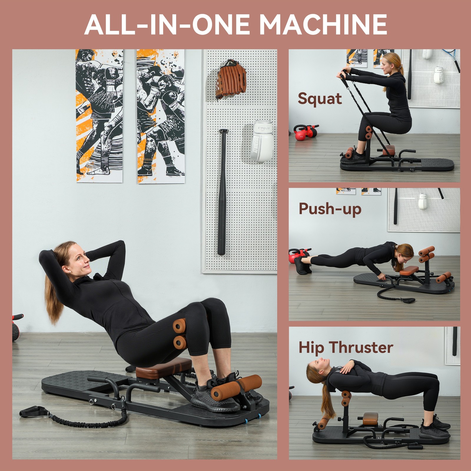 Sissy Squat Machine Hip Thrust Machine with Push Up Stand, Black