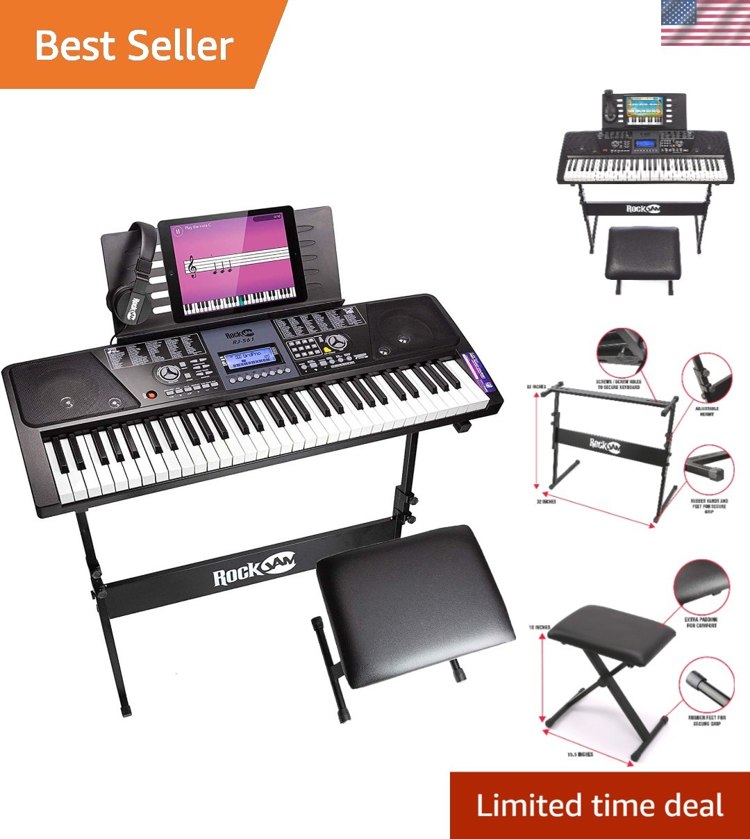 RJ561 61 Key Keyboard Piano Kit with Stand, Stool & Headphones