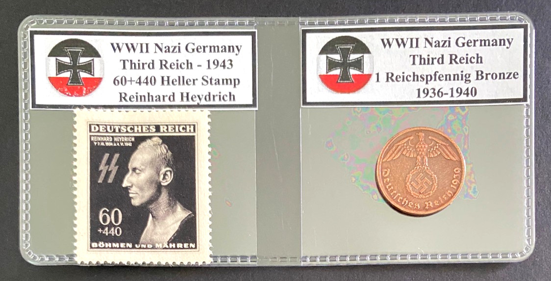 WWII Era Third Reich Nazi Germany 1943 Heydrich Stamp & 1 Reichspfennig Coin
