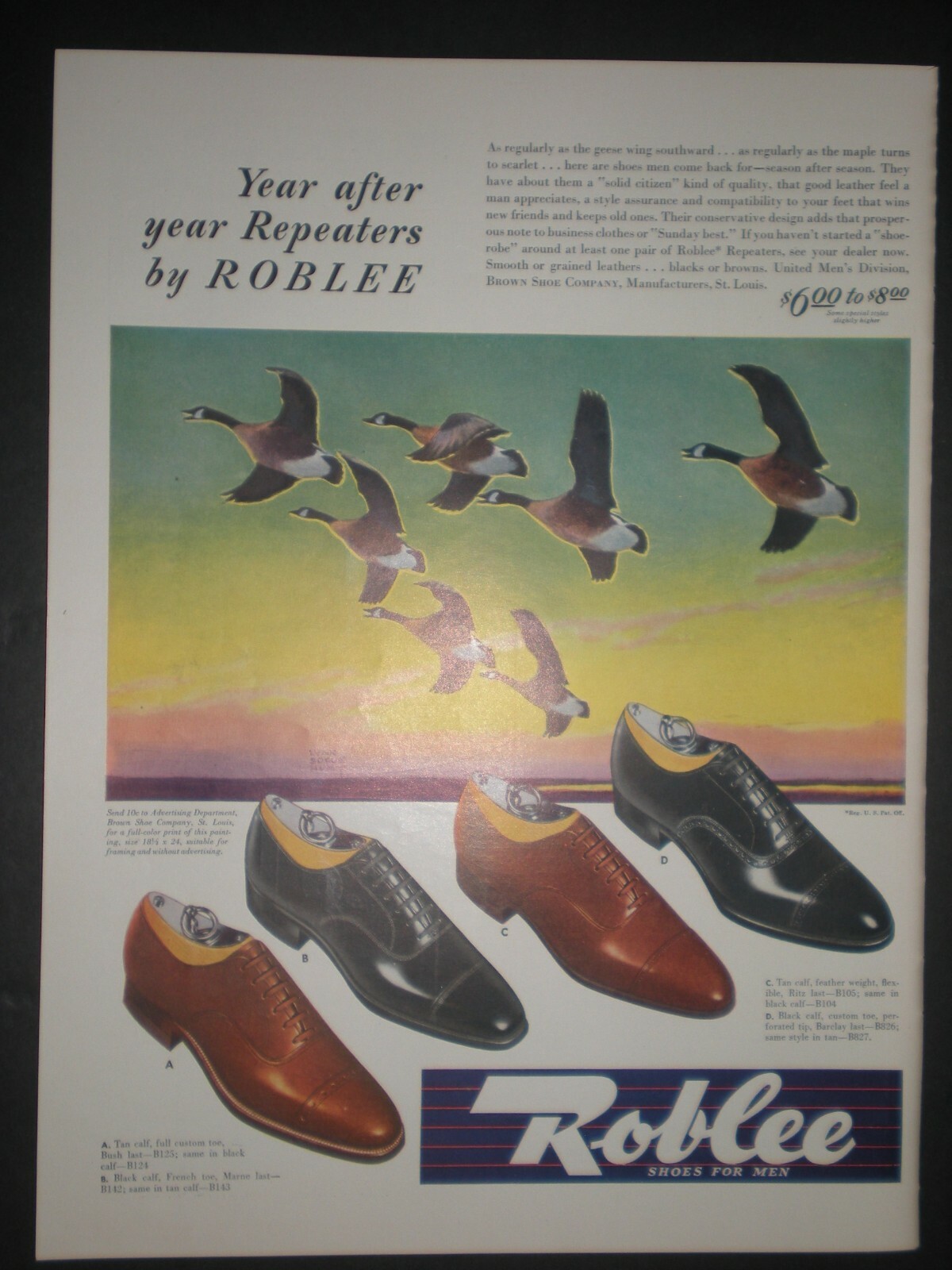 1942 GEESE FLYING SOUTH ROBLEE MENS SHOES 4 STYLES Vintage Trade print ad
