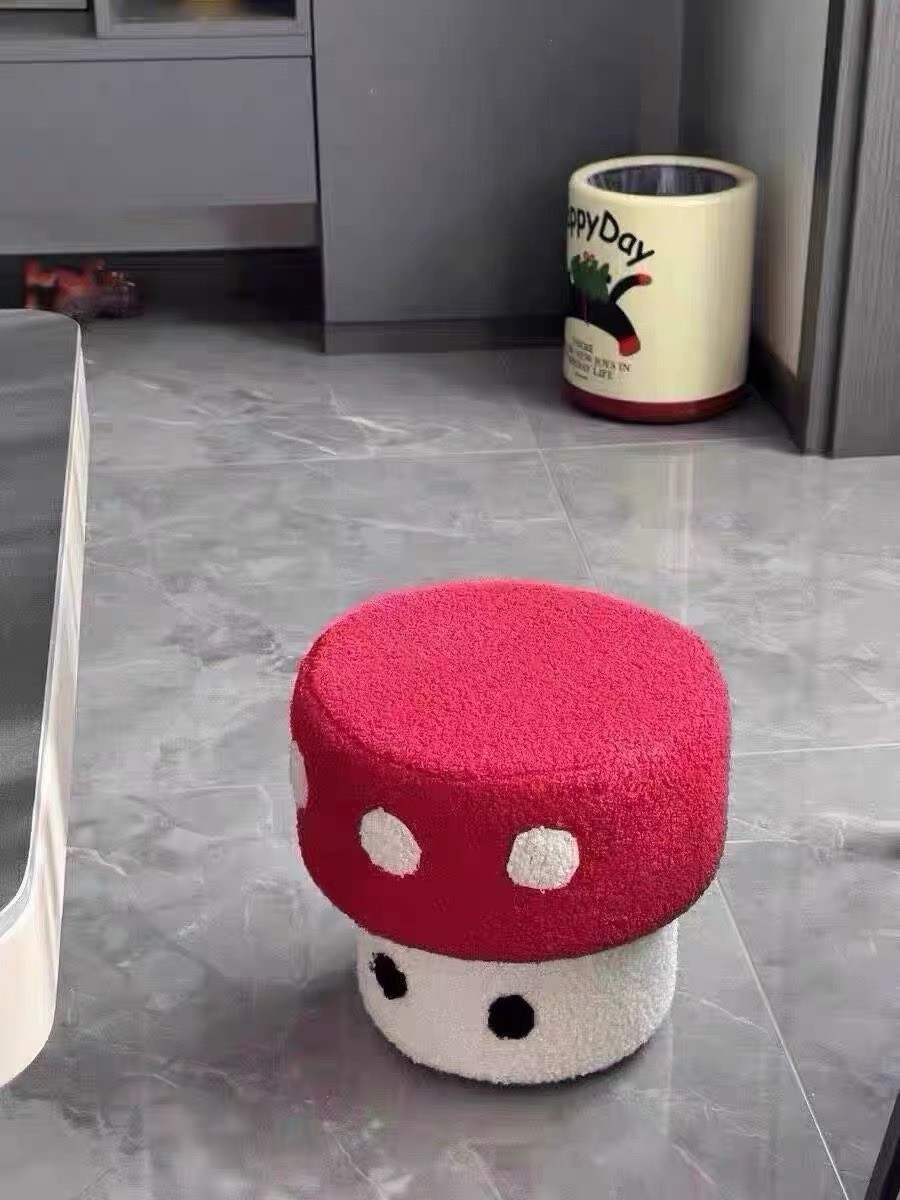 Mushroom Polka Dot Indoor Stool Red White Black 11x12x8 in Plush Ottoman Seat