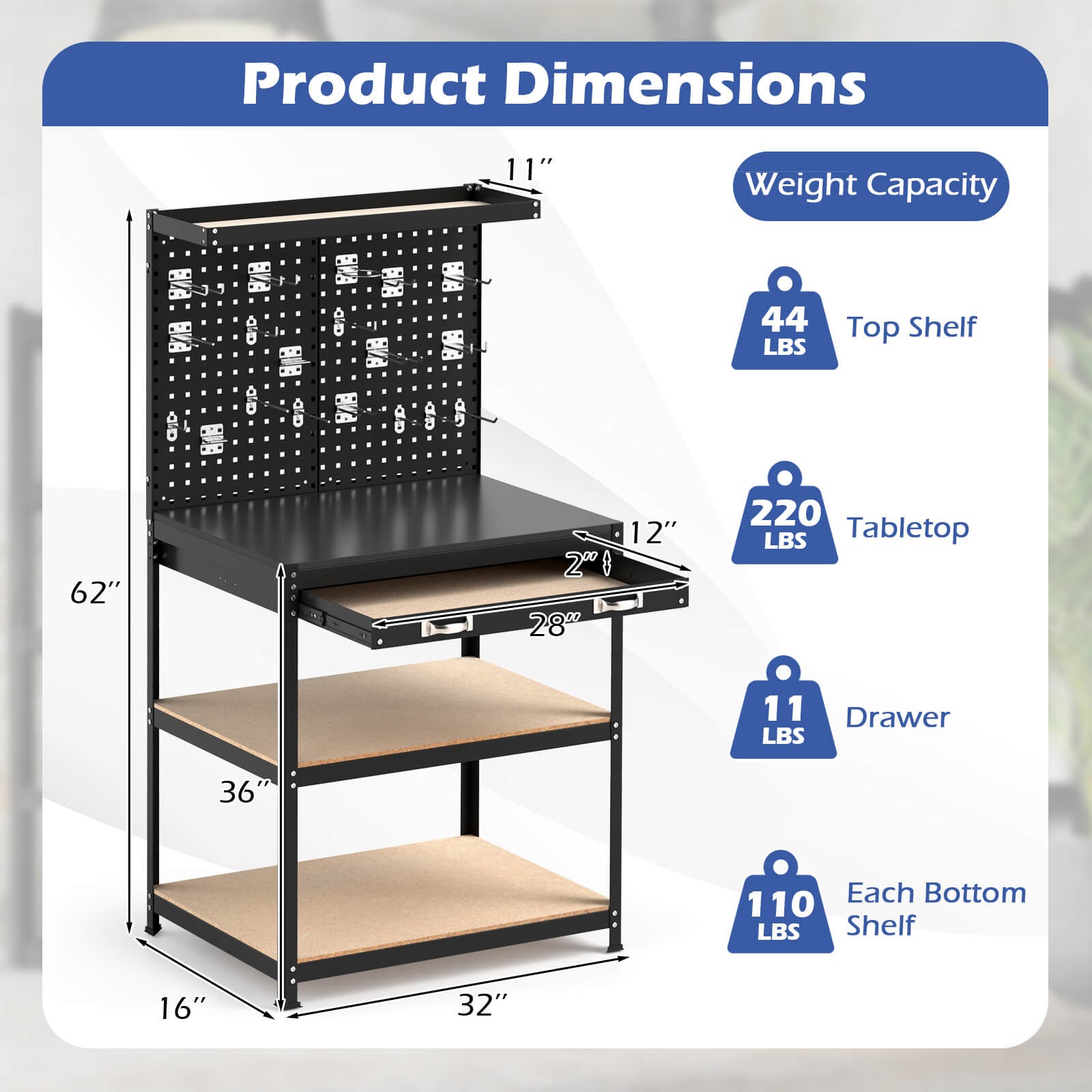 32" x 16" Workbench with Pegboard 20PCS Tool Hooks Drawer and Open Shelves