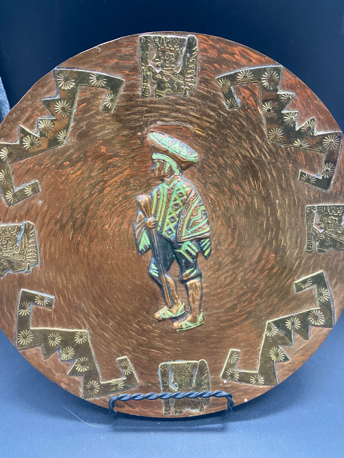 3 Peruvian Artisan Copper Decorated Colored Wall Plates