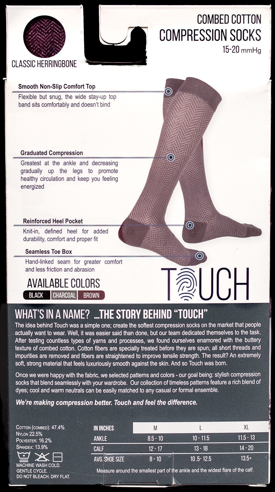 Touch 1011 Men XL Knee High Compression Sock 15-20 mmHg Herringbone Gray 3-Pair