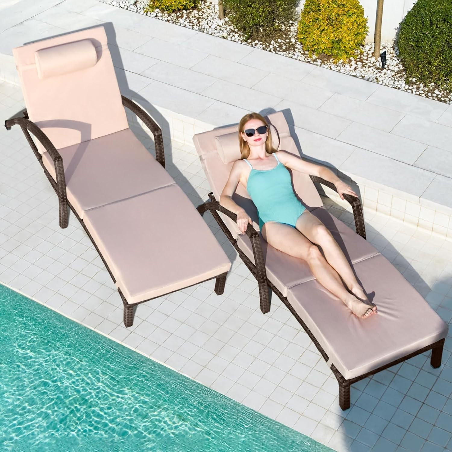 Chaise Lounge Patio Pool Chairs Outdoor Set of 2 with Cup Holder Thicken Cushion