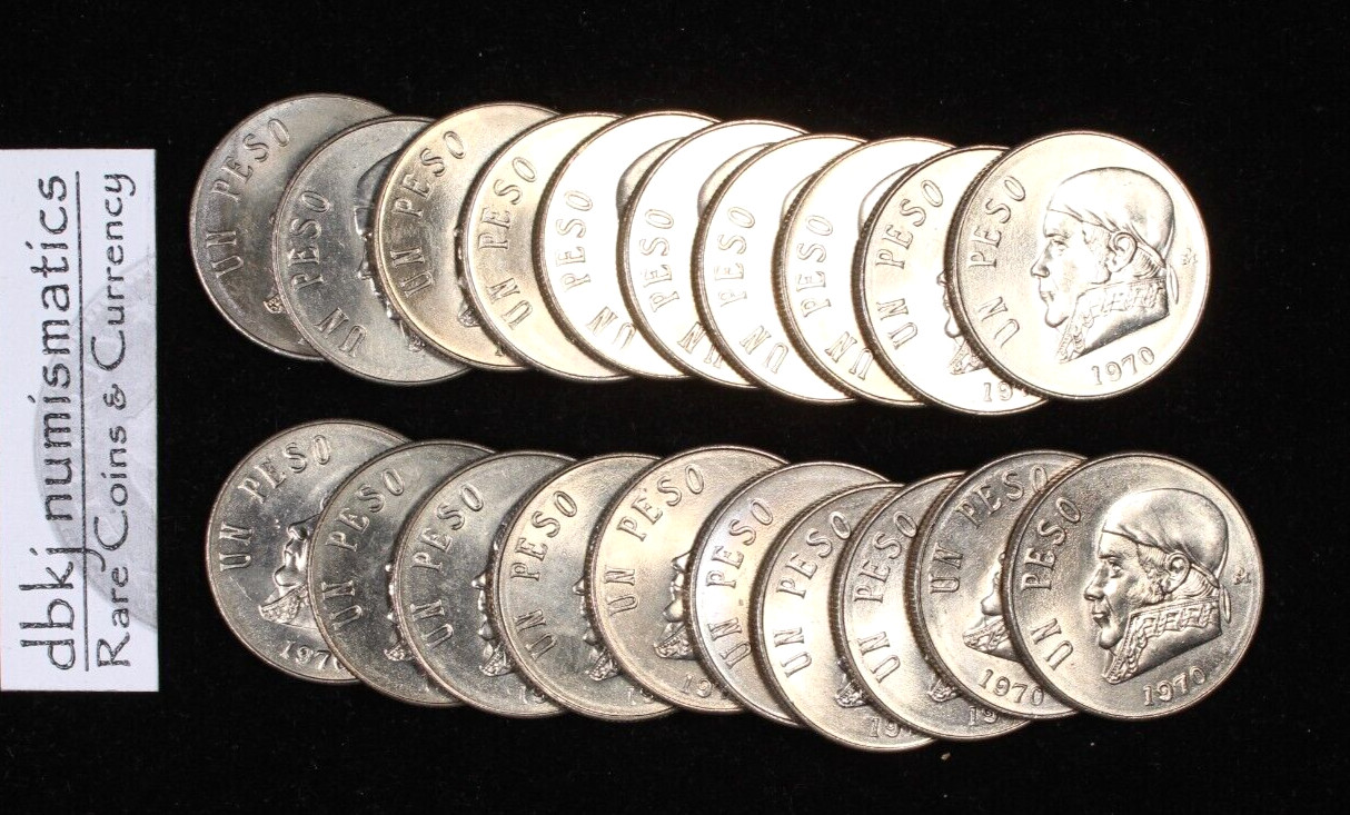 Tube of 20 1970 Mexico 1 Peso Narrow Date - KM460 - BU - Brilliant Uncirculated