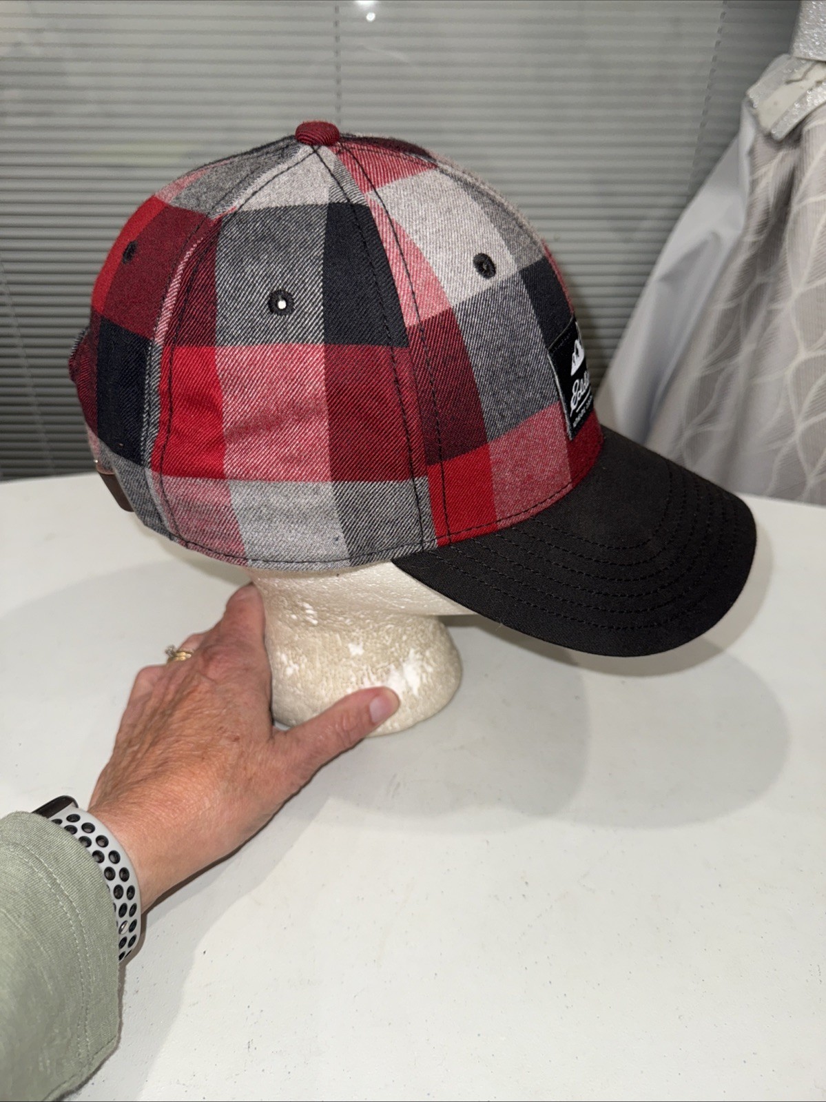 Eddie Bauer Red Black Gray Checked Flannel Hat Cap Leather Strap Buckle