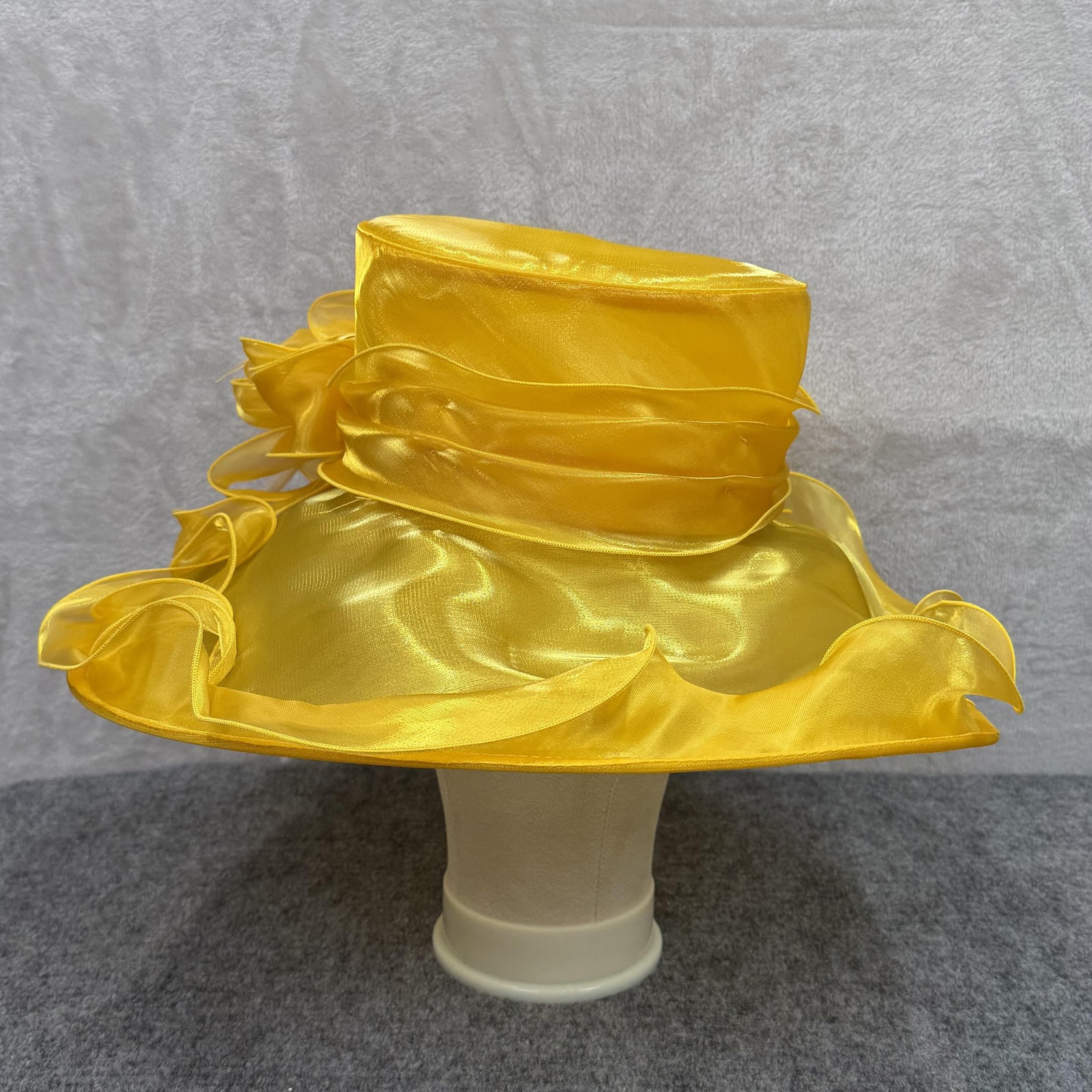 Derby Hat Sun Womens Adjustable Yellow Organza Sheer Wide Brim Ruffle Church NWT