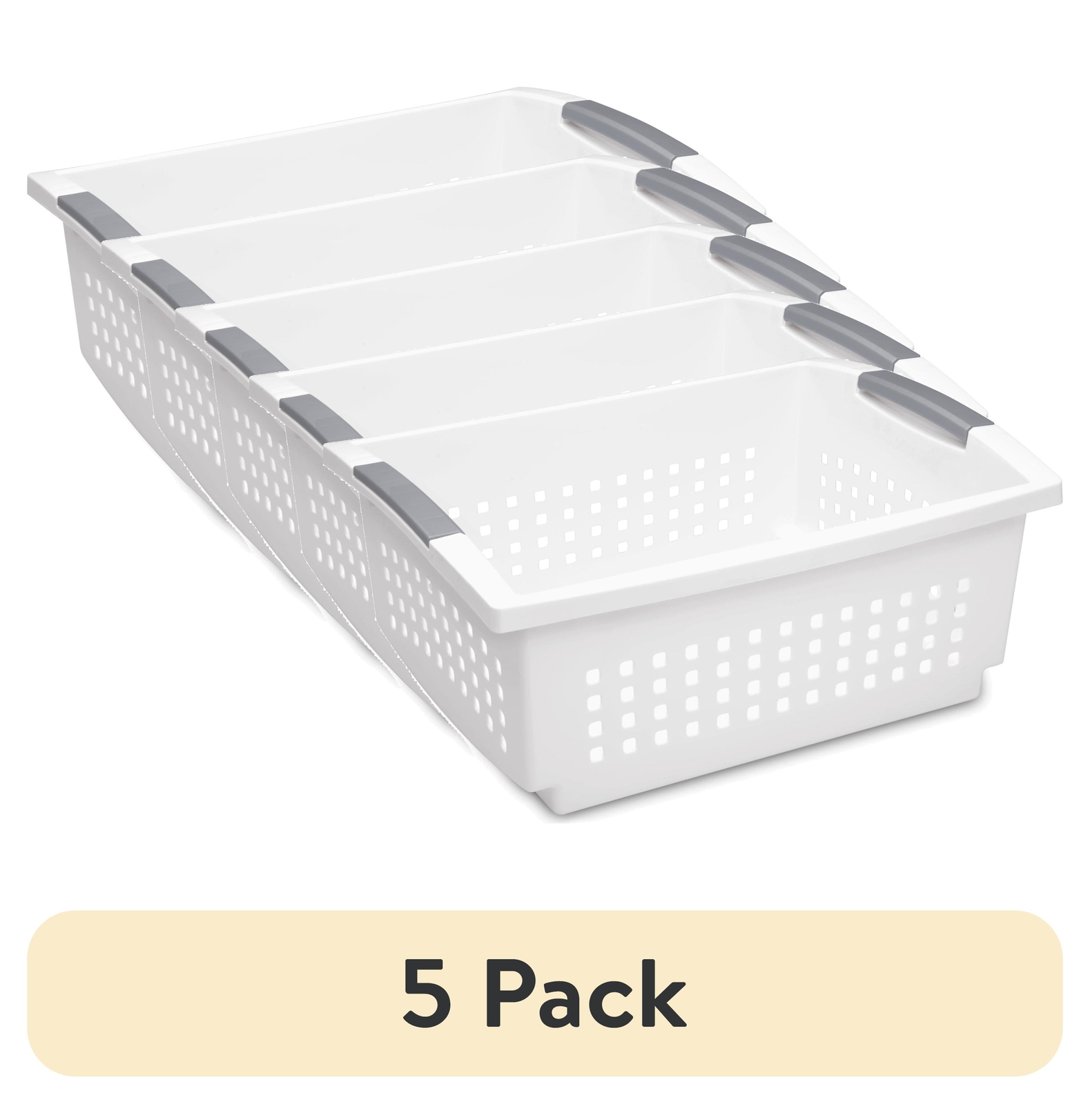 (5 pack)  Large Stacking Basket, Open Plastic Bin, Space Saving Organizers,White