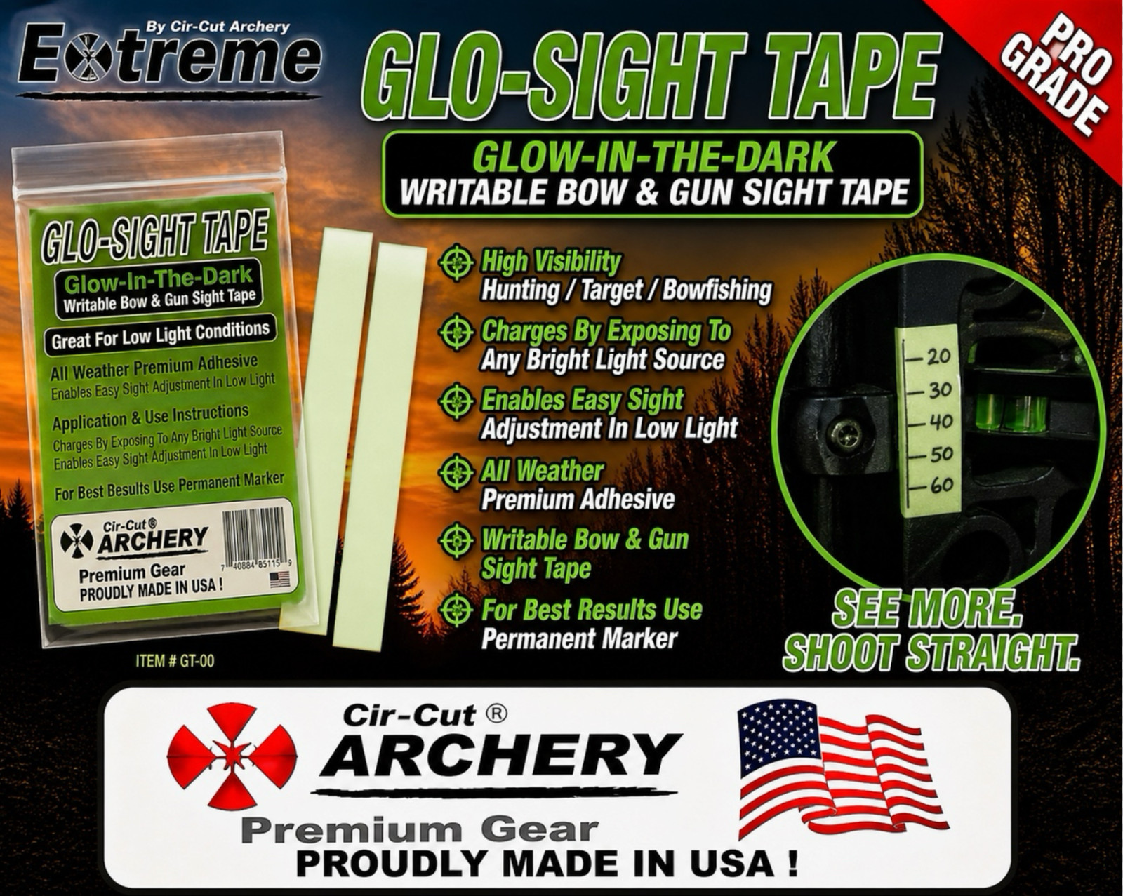 GLOW IN THE DARK Bow Sight Tape Archery 2 PCS Makes Sight View Easier Dim Light