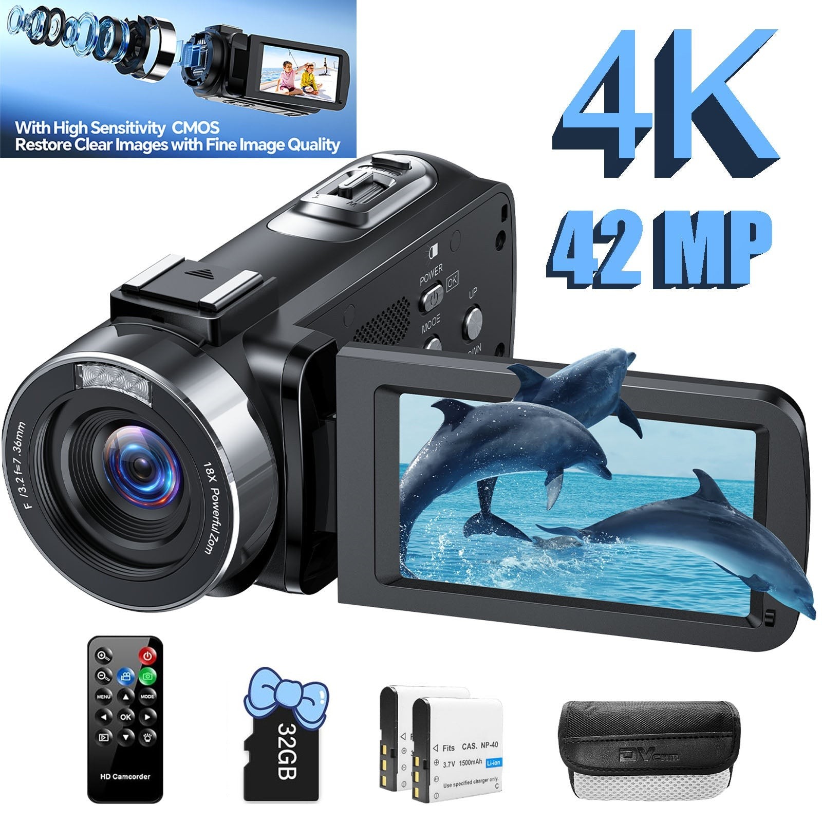 4K UHD Camcorder Video Camera 42MP 18X Digital Zoom Vlogging Camera for YouTube