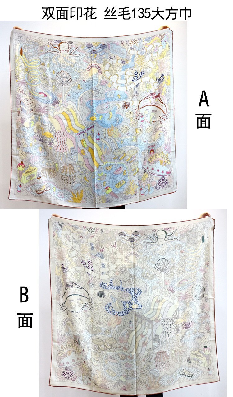 70% Cashmere & 30% Silk Wrap Scarf Water Park Print Double Face Print Shawl 53"