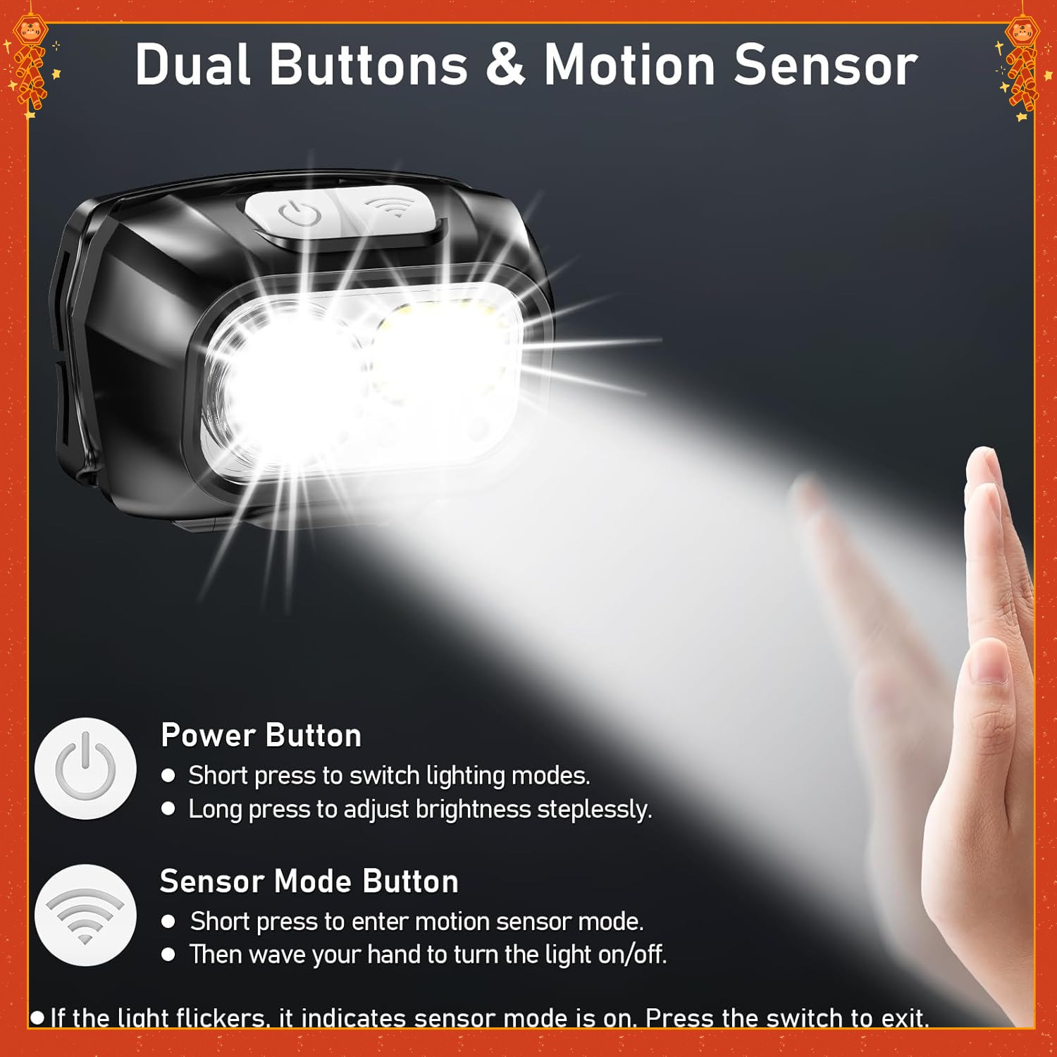 LEDRechargeable 2000L Ultra-Bright Adjustable Headlamp with Motion Sensor-2-Pack