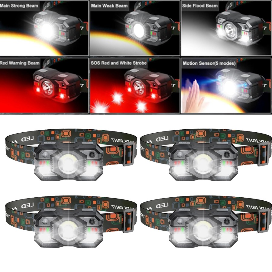 4PCS Rechargeable Headlamp Bright LED Head Light Forehead Flashlight Outdoor NEW