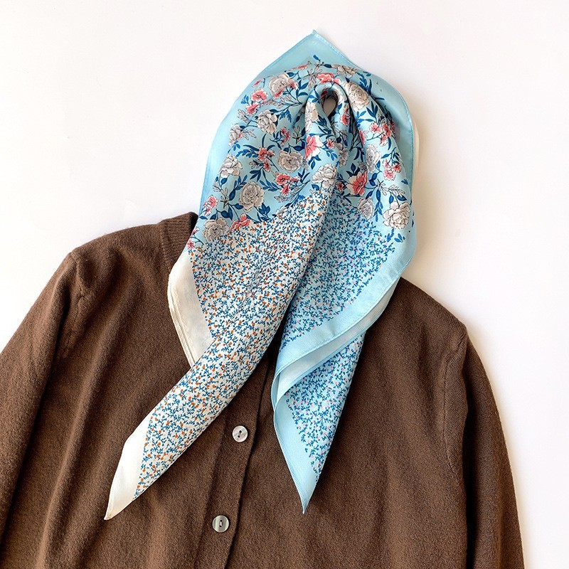 100% Pure Silk Small Scarf Women Neckerchief Bandana Wrap Blue Flowers 53*53cm