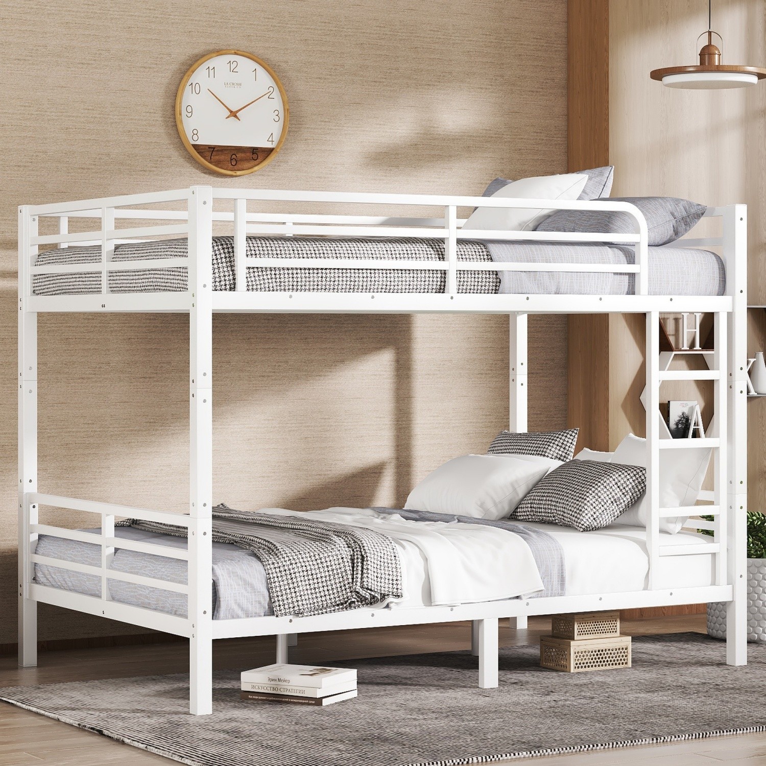 Full XL Over Full XL Metal Bunk Bed Separatable Full XL Size Bed Frame White US