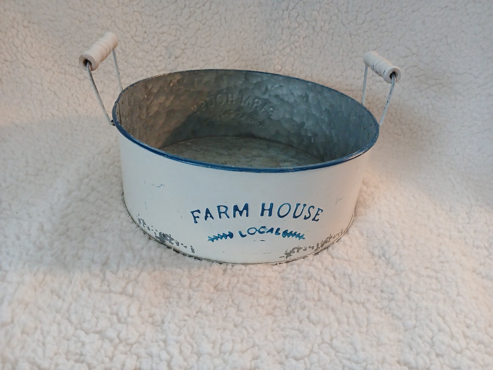 FARMHOUSE LOCAL Pail / Bucket / Bin Round W/2 Wooden Handles White, Blue,Metal