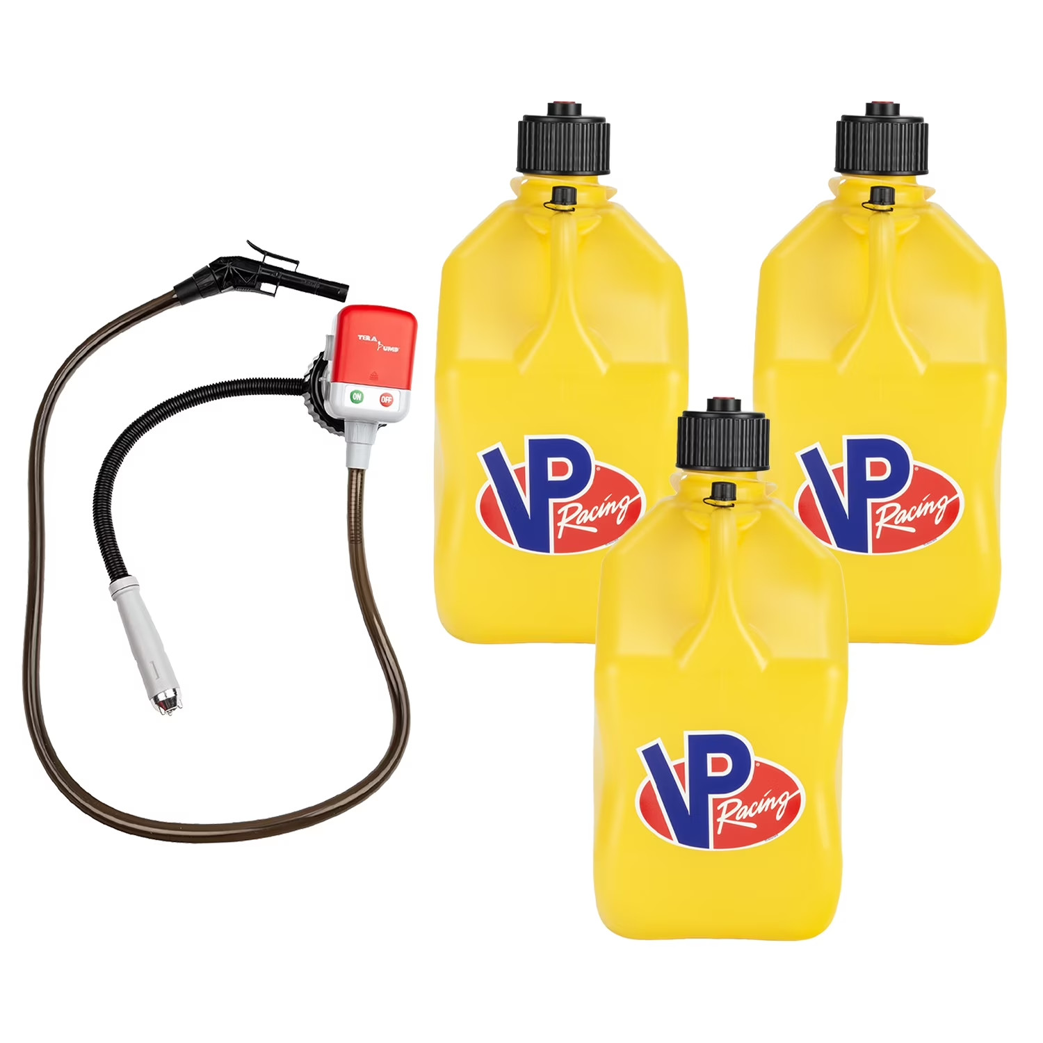 VP Racing 3552-CA, 5.5-Gal. Yellow Jug(3PK) w/Battery Powered Fuel pump(1PK)