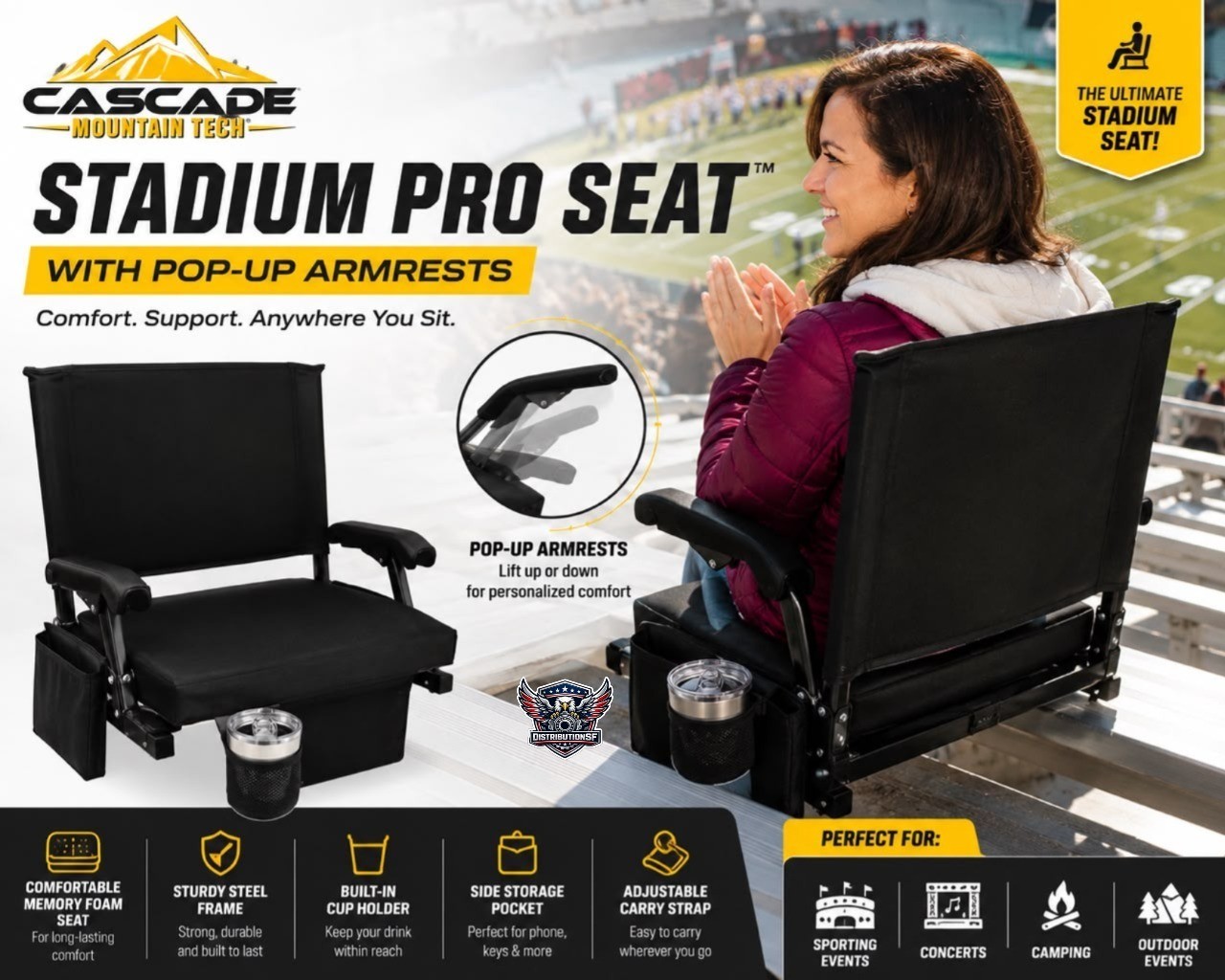 Cascade Mountain Tech Stadium Pro Seat Foldable Bleacher Chair w/ Armrests