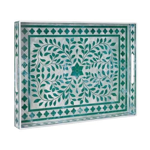 Rectangular Decorative Tray, Plastic Serving 15.7" x 11.8" x 1.6" Floral Green