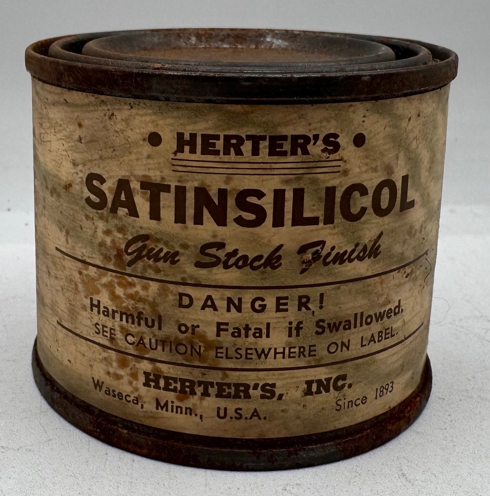 Vintage Herter's Satinsilicol Gun Stock Finish 4 Oz Tin Can Display Waseca MN US