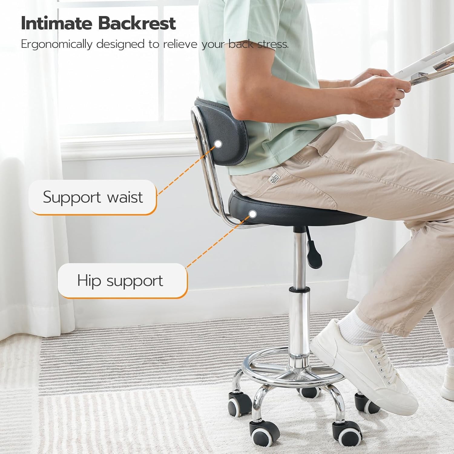 Height Adjustable Rolling Stool 360° Rotating Drafting Chair Office Desk Chair