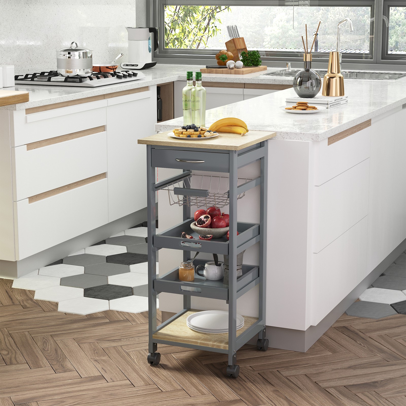 Mobile Rolling Kitchen Island Trolley Serving Cart with Underneath Drawer