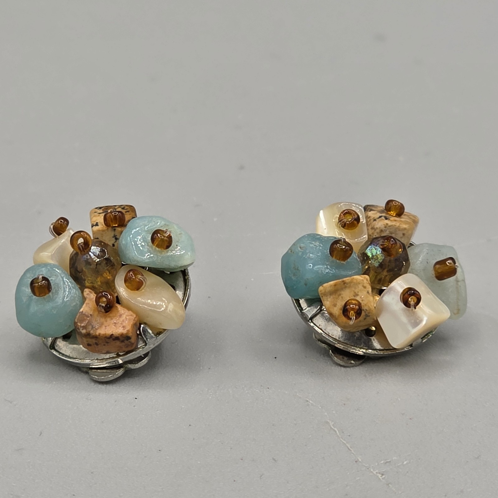 Vintage Multi Stone Bead Cluster Clip-On Silver Tone Earrings