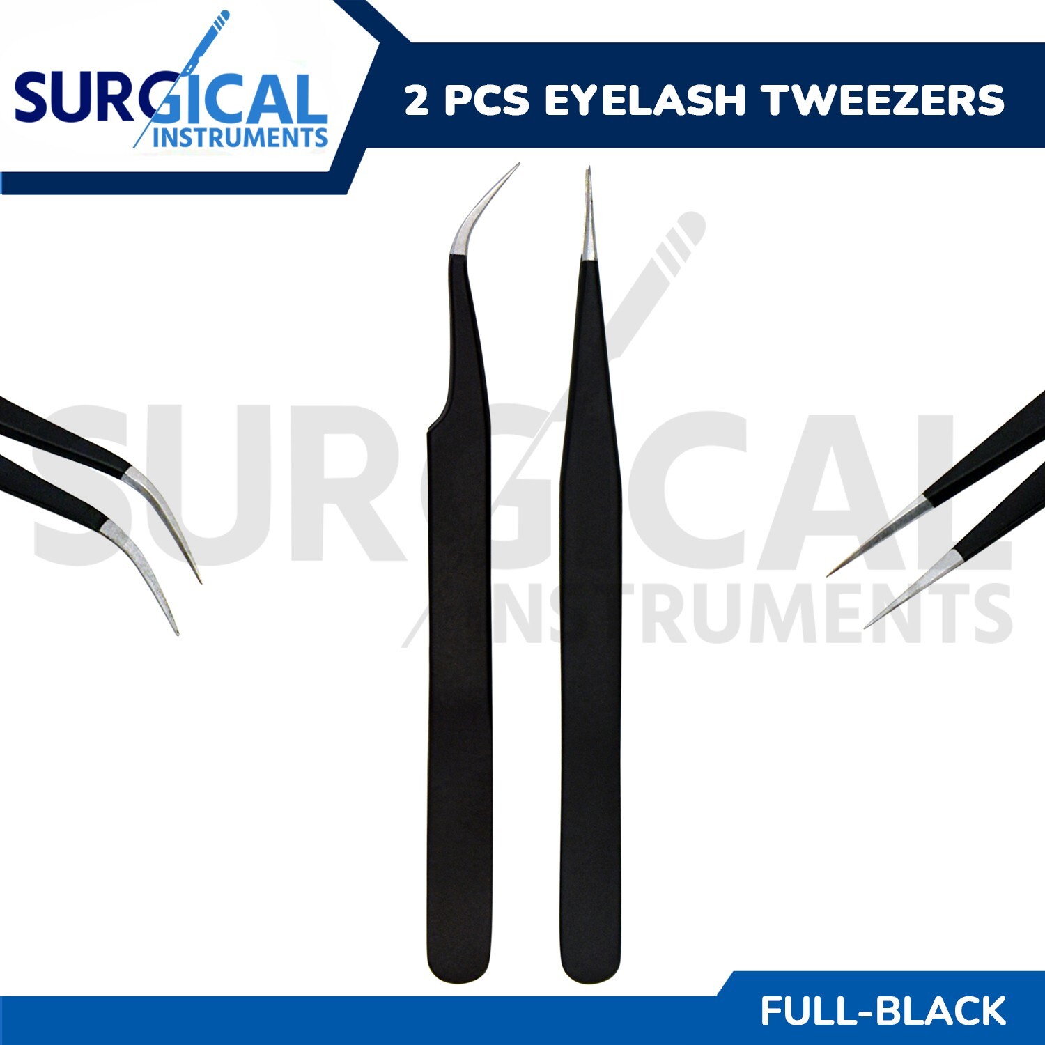 2 Pcs Eyelash Extension Tweezers Straight & Curved Stainless Set (Black) German