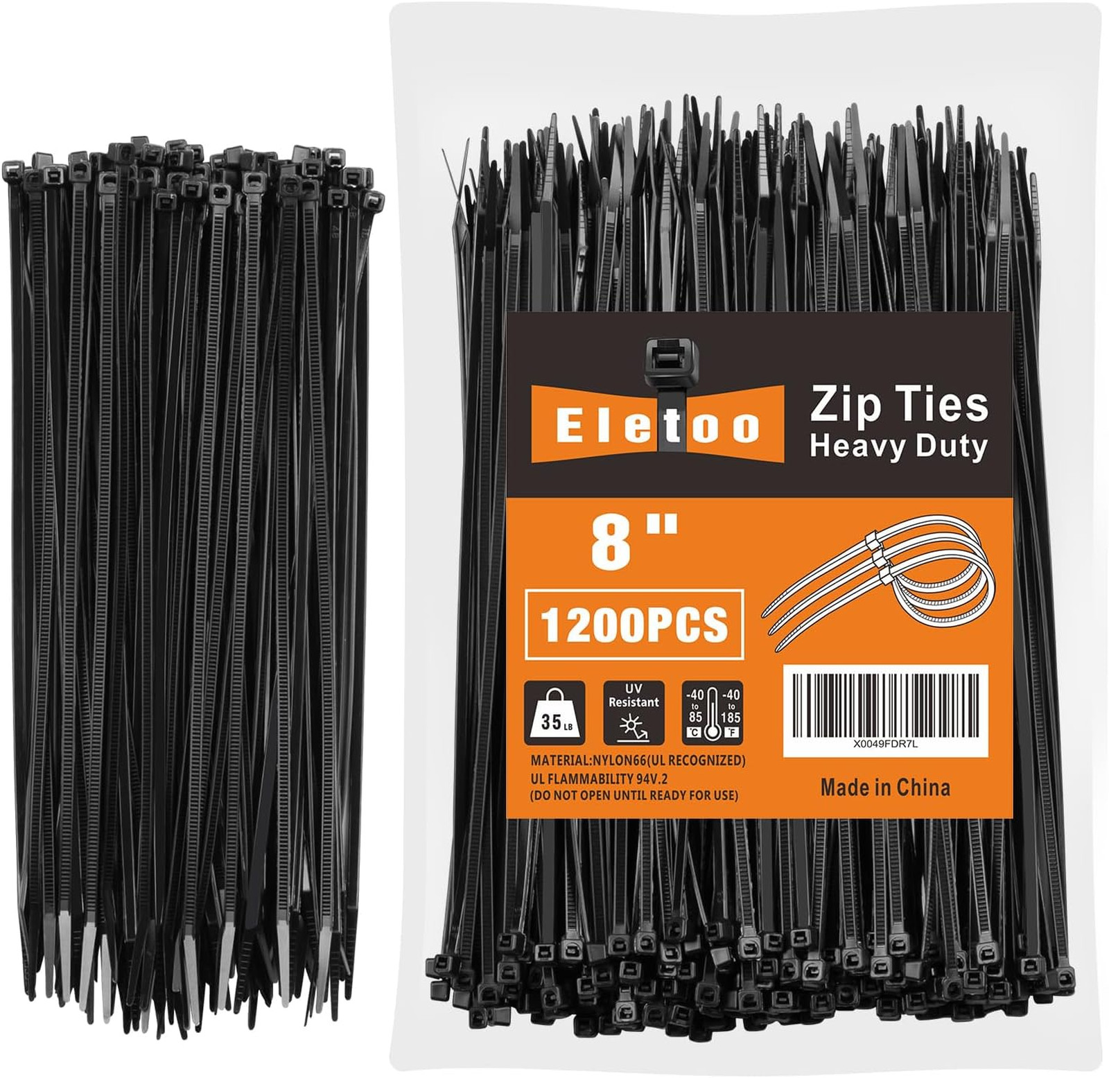 8 Inch Black Cable Ties Pack of 1200, Nylon UV Resistant Self-Locking Fasteners