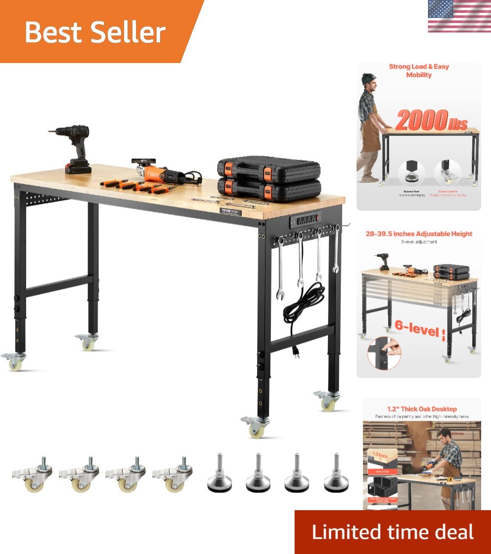Adjustable Workbench, 60 Inch Work Bench with Power Outlet, Wheels, and Pegbo...