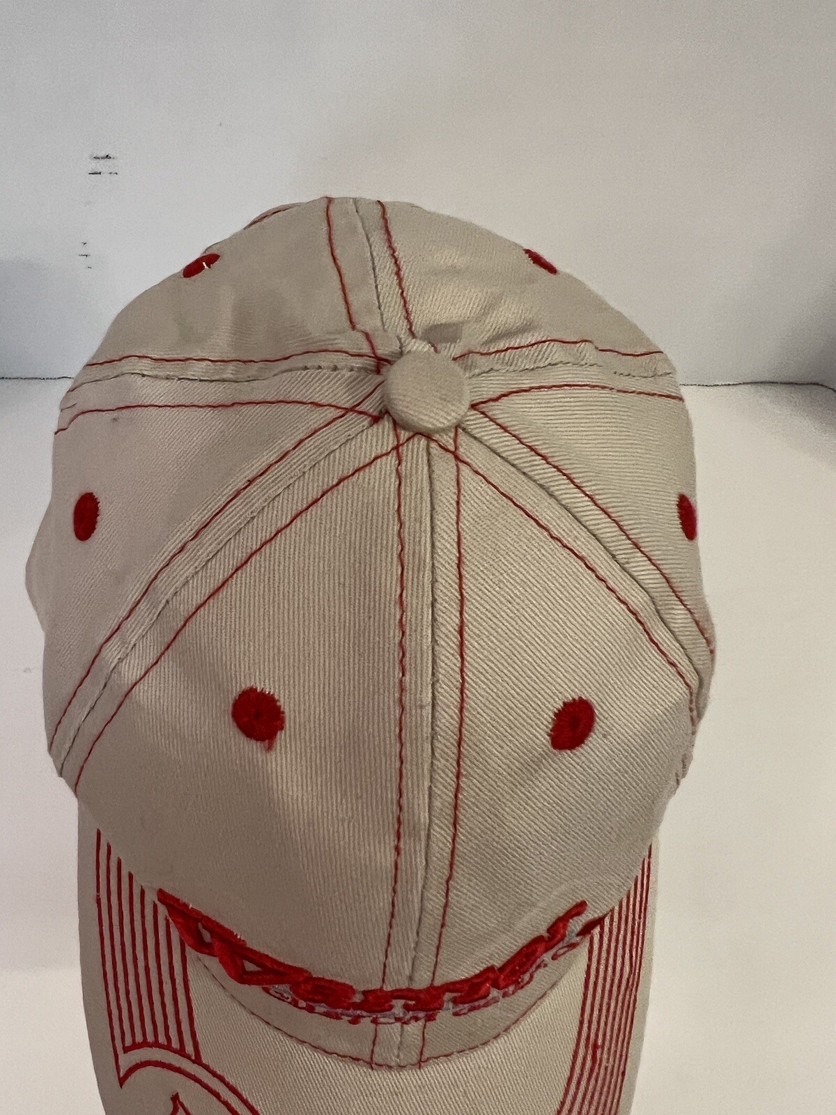 Warrior Custom Golf Hat Strap Back Beige Red Contrast Stitch Spellout