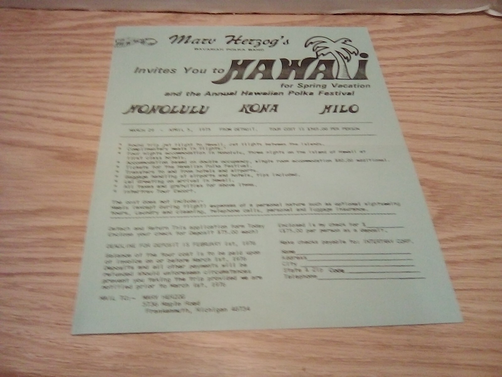 Marv Hergoz's Polka Band 1975 Hawaii for Spring Vacation Hawaiian Poke Festival