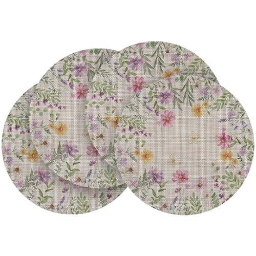 Daisy Butterfly Wild Flower Spring Round Placemats Set 14", Round 4 Pcs Beige