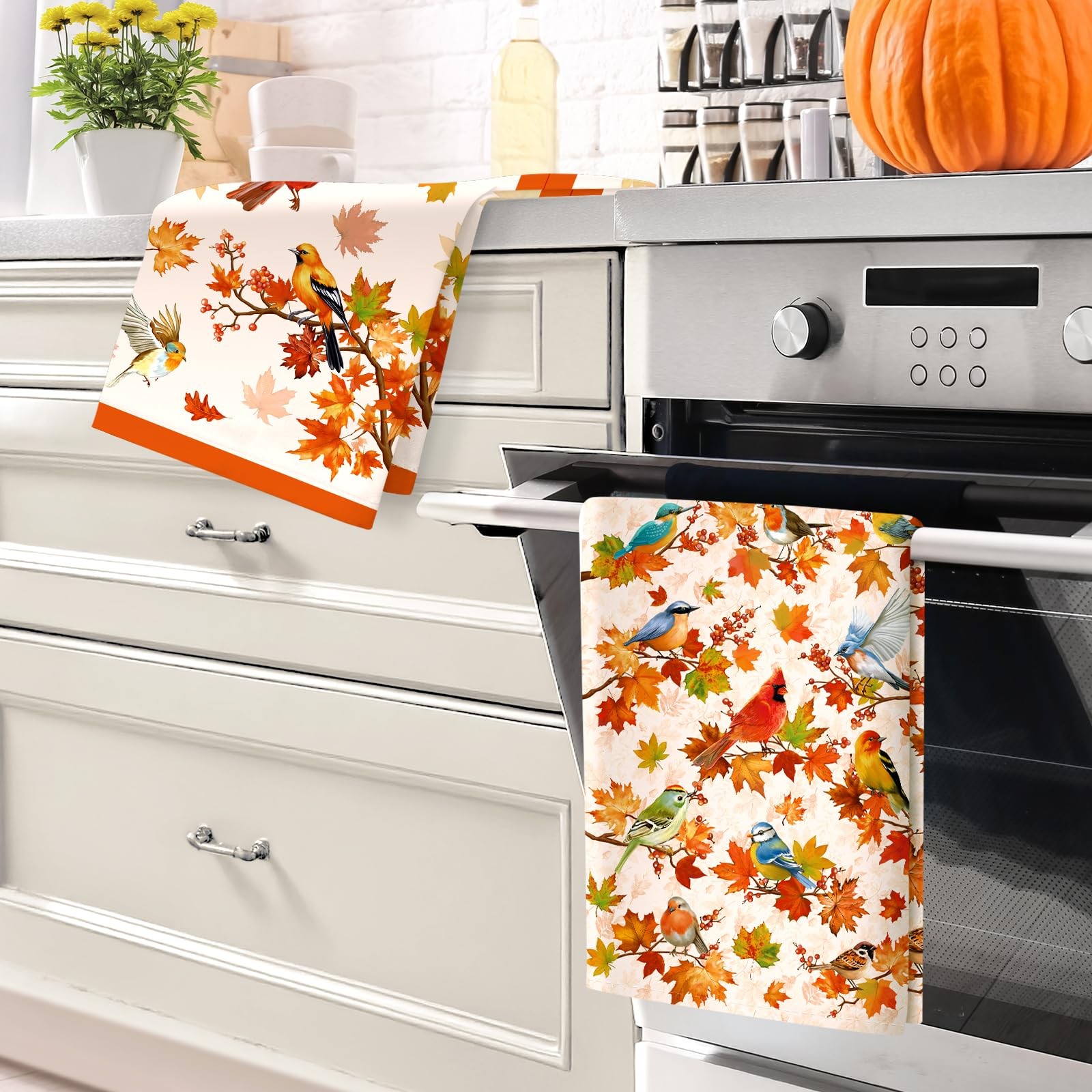 18.9x27.5 Inch Fall Bird Maple Leaf Cotton Kitchen Tea Towel Dish Cloth