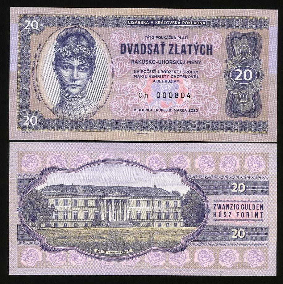 Austro-Hungary 20 Zlatych, 2020 Private Issue, Marie Henrieta Chotek, Slovakia F