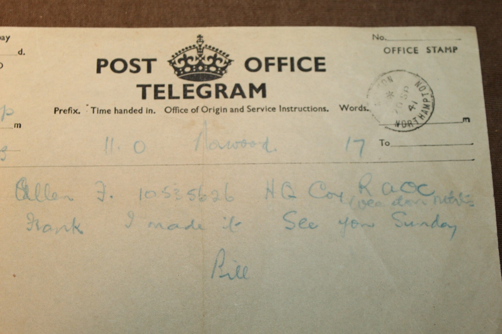 Original WW2 British Army Soldier's Post Office Telegram, (19)41 dated