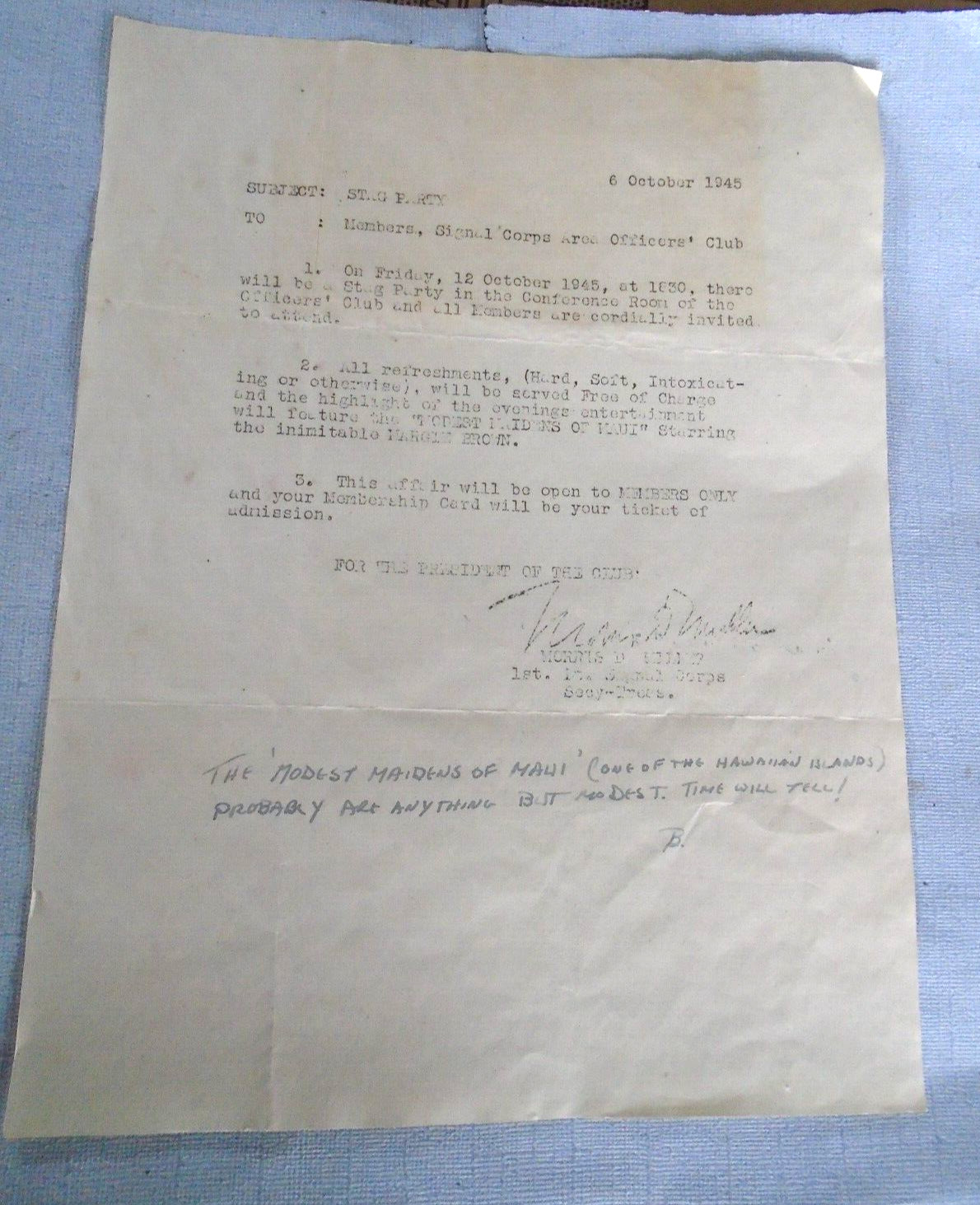 US Army Signal Corps Stag Party invitation, featuring The Modest Maidens of Maui