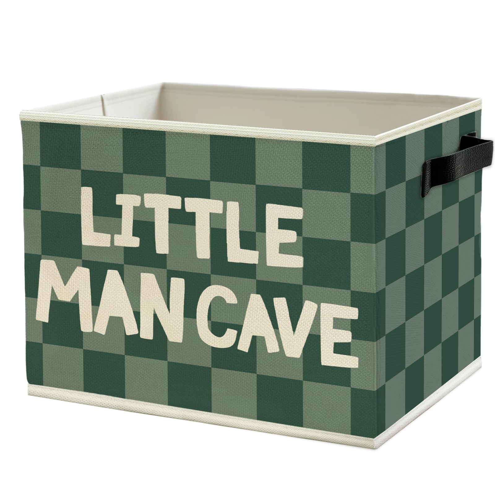 Little Man Cave Boys Storage Bins Box with Handles, Green Checkered Pattern C...